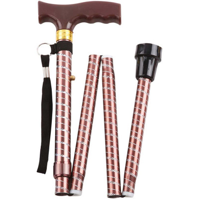 Extendable Plastic Handled Walking Stick with Engraved Pattern in Brown Folded