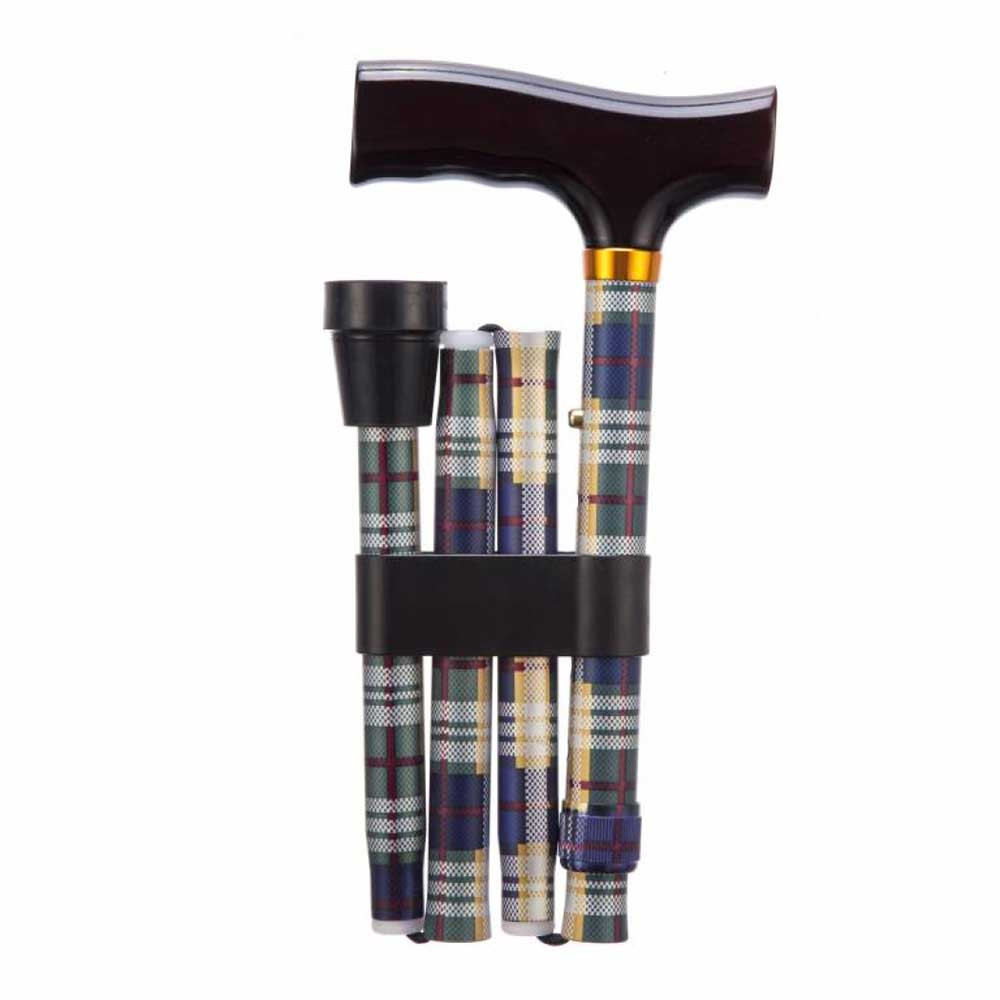 Folding Adjustable Walking Stick Tartan Portable