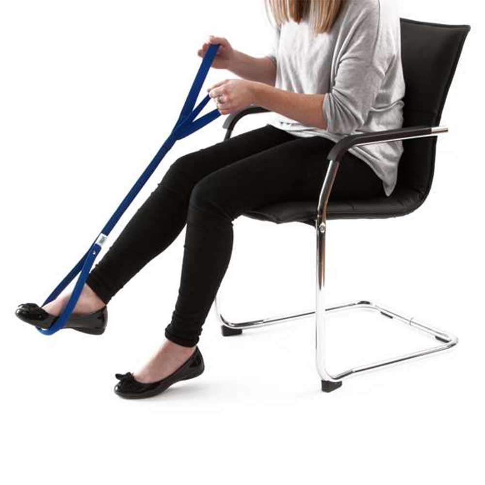 Leg Lifter with Double Handle woman sitting in a chair using it to help life her leg