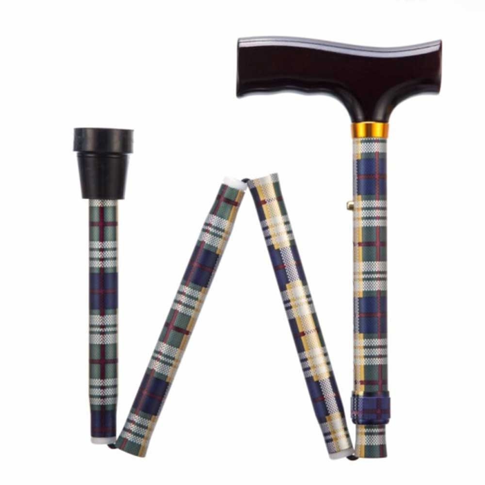 Folding Adjustable Walking Stick Tartan Folded