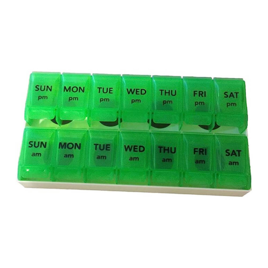 7 Day AM PM Push to Open Pill Boxes Green