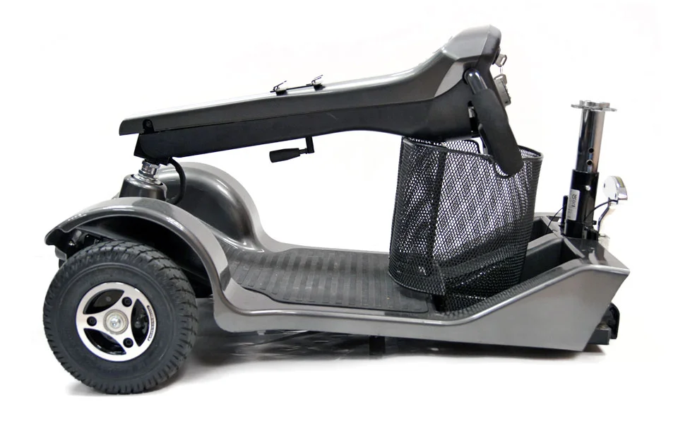 Sunrise Medical Sterling Saphire 2 Mobility Scooter Disassembles in to manageable parts with a folding tiller